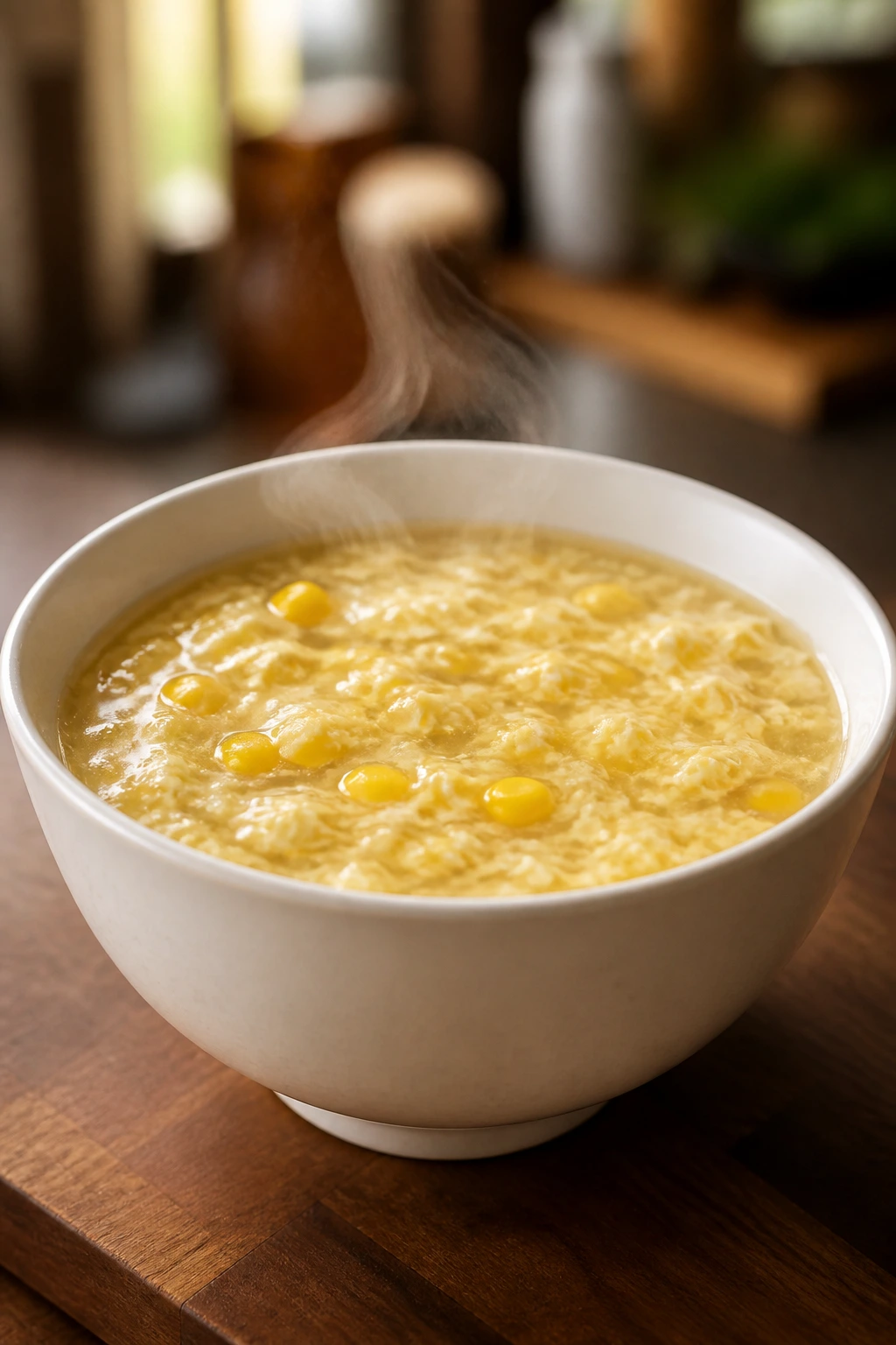 Egg drop corn soup with egg ribbons and corn in a bowl