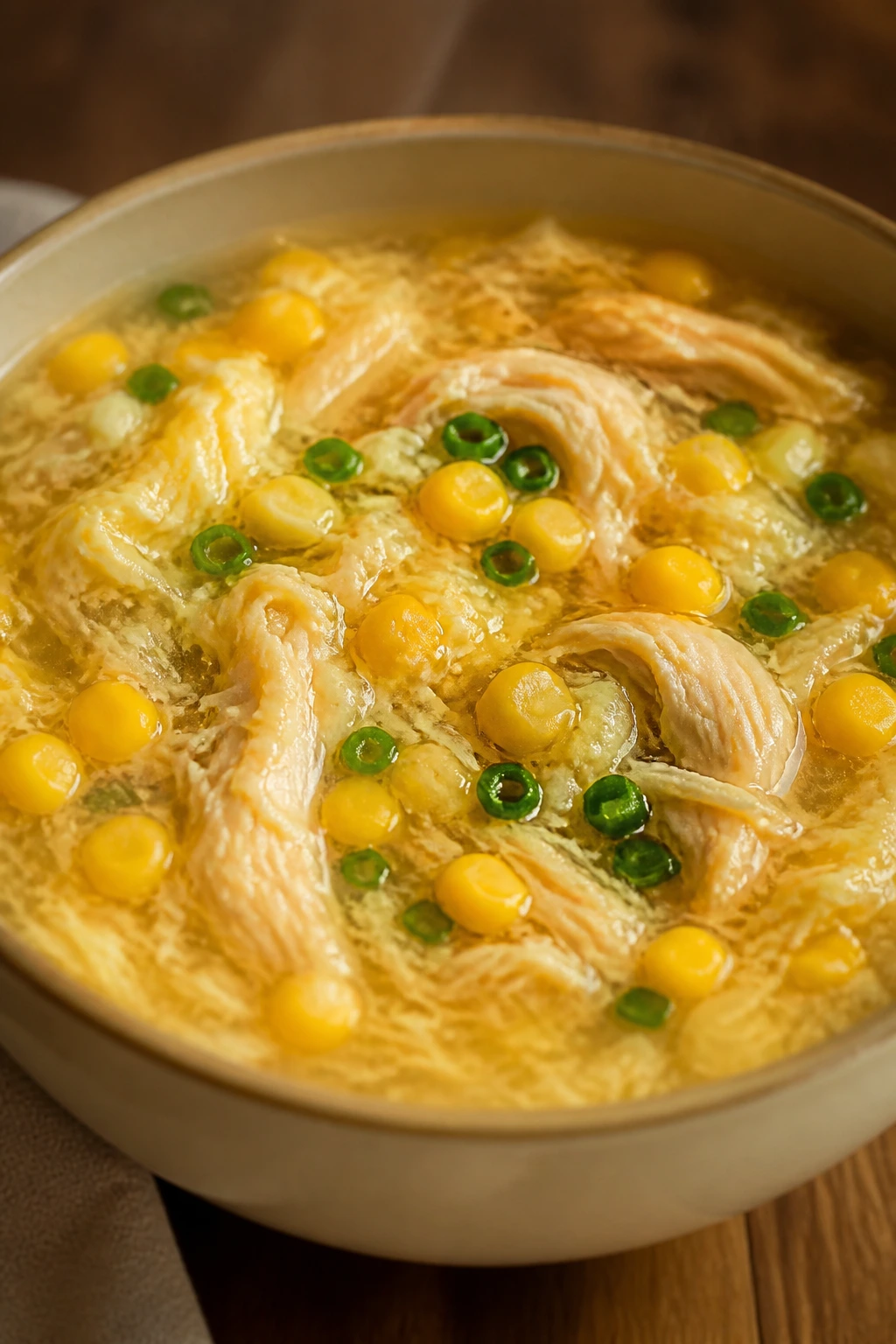 Close-up of egg drop soup with corn in a bowl