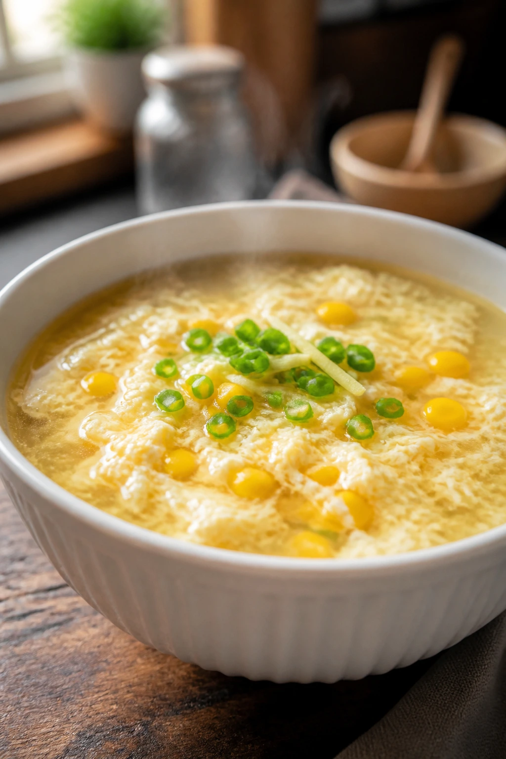 Silky egg drop soup with corn and ginger ribbons in a bowl, warm kitchen backdrop