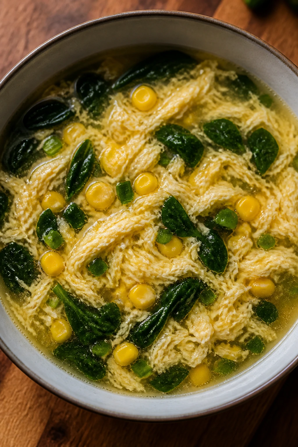 Egg drop soup with corn and spinach in a bowl