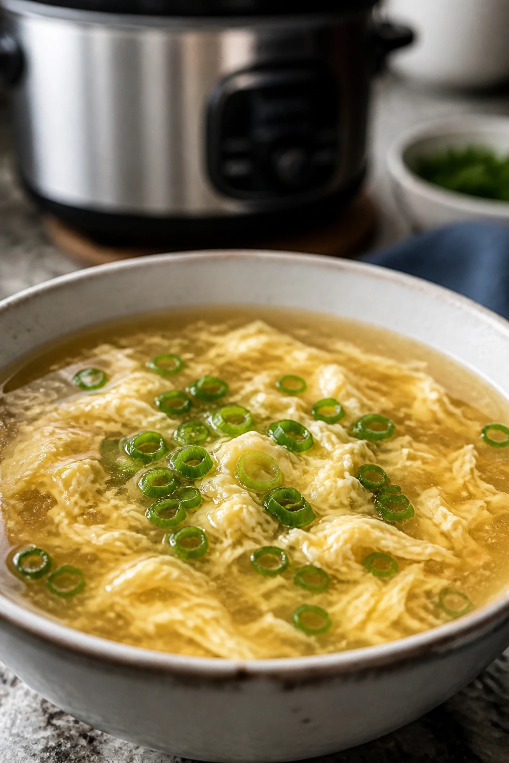 Close-up of Crockpot Egg Drop Soup with egg ribbons and scallions