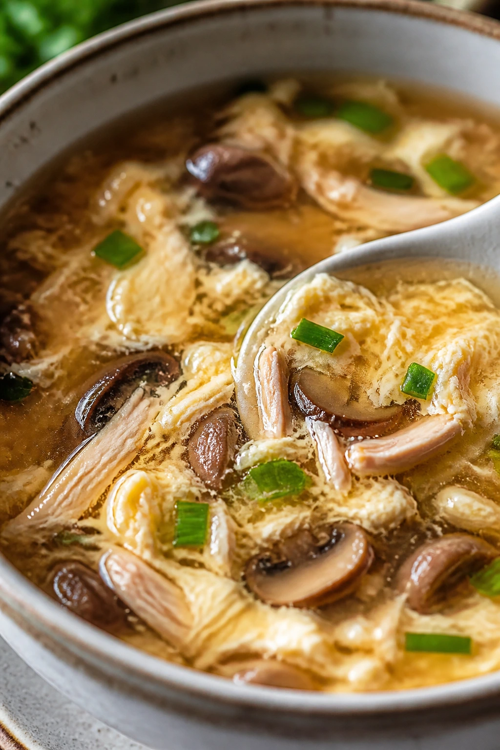 Bowl of egg drop soup with mushrooms and chicken