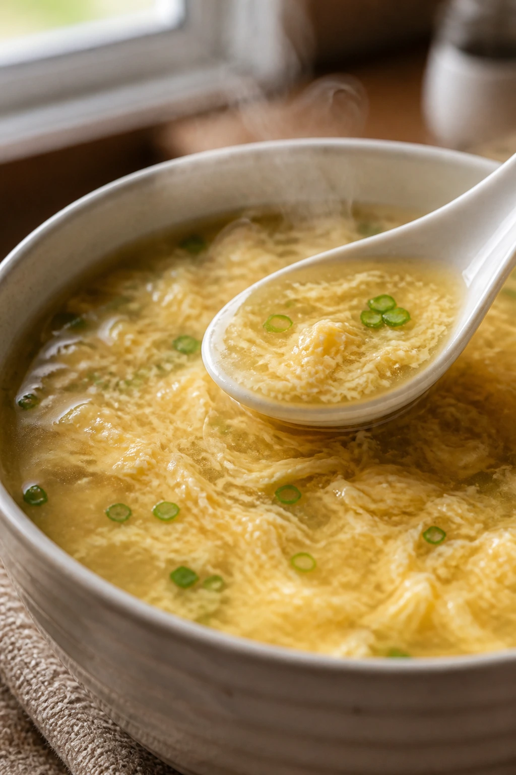 Steaming egg drop soup with spoon ready to serve