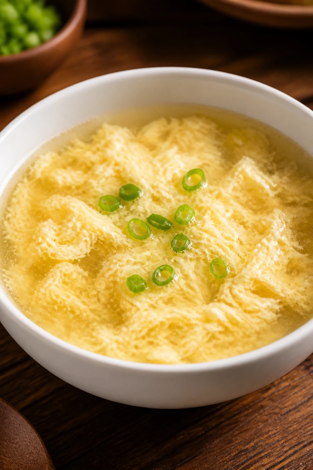 Steaming egg drop soup with ribbon eggs in a white bowl