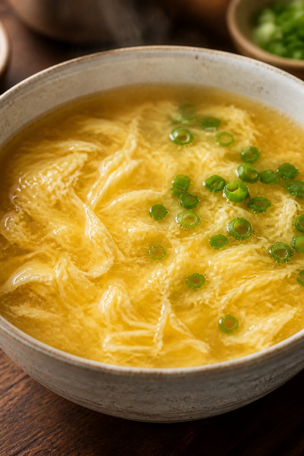 Steaming egg drop soup with ribbon-like eggs in a bowl