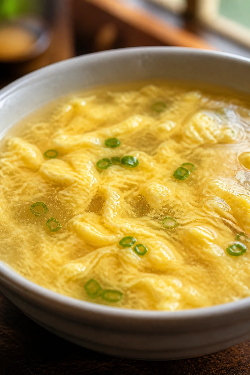 Egg drop soup with neat ribbons in clear broth