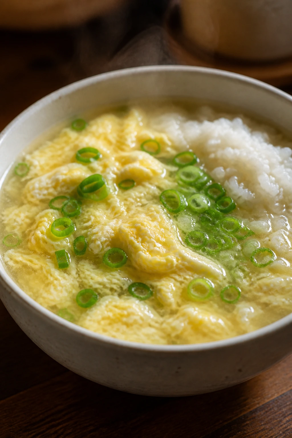 Close-up of egg drop soup with rice and scallions in a bowl
