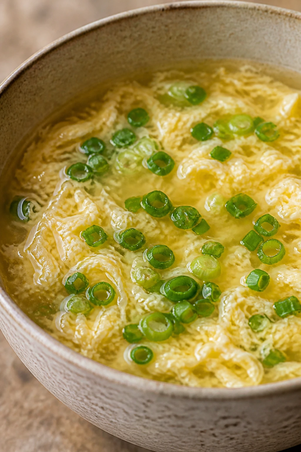 Bowl of egg drop soup with egg ribbons and scallions