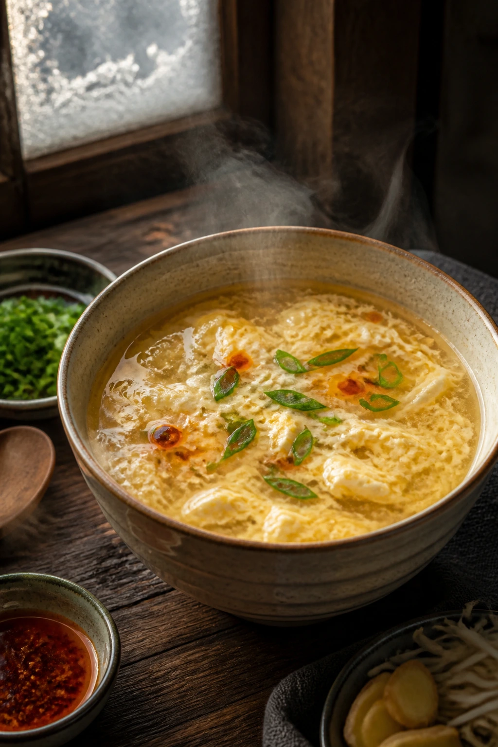 Steaming egg drop soup in a warmed bowl with scallions and chili oil