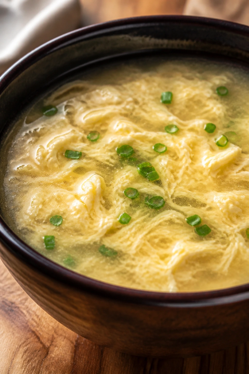 Close-up of egg drop soup with delicate egg ribbons