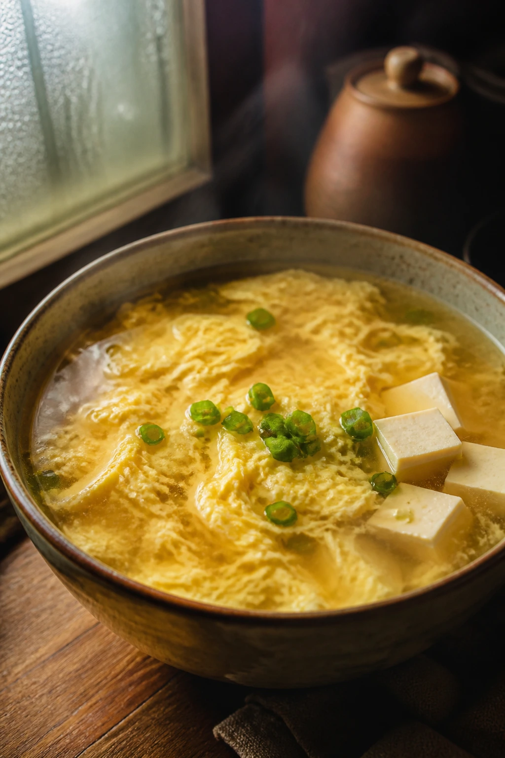 Steaming egg drop soup in a cozy kitchen
