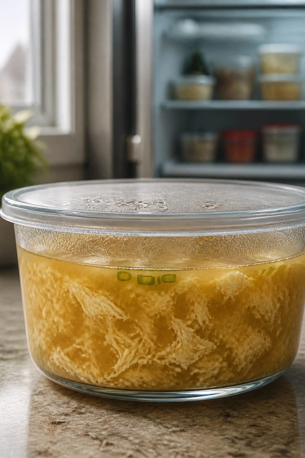 Storage container filled with egg drop soup on counter