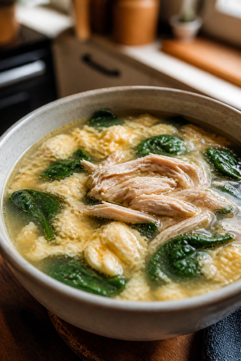 Egg drop soup with shredded chicken and spinach toppings