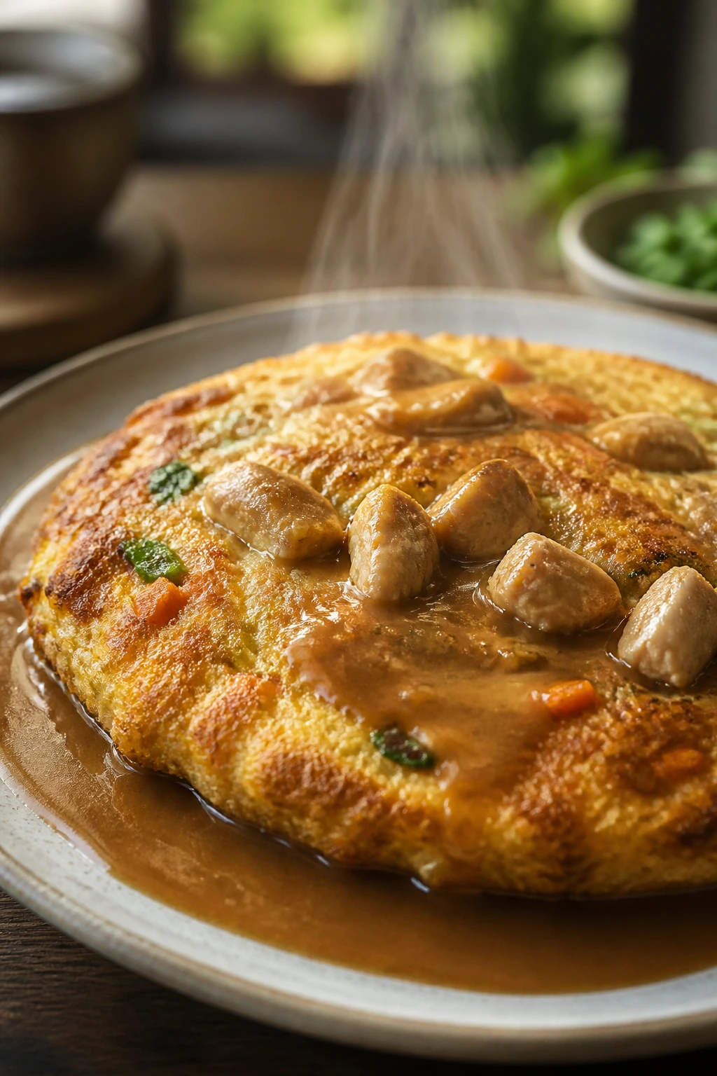 Close-up of a golden chicken egg foo young patty with savory gravy