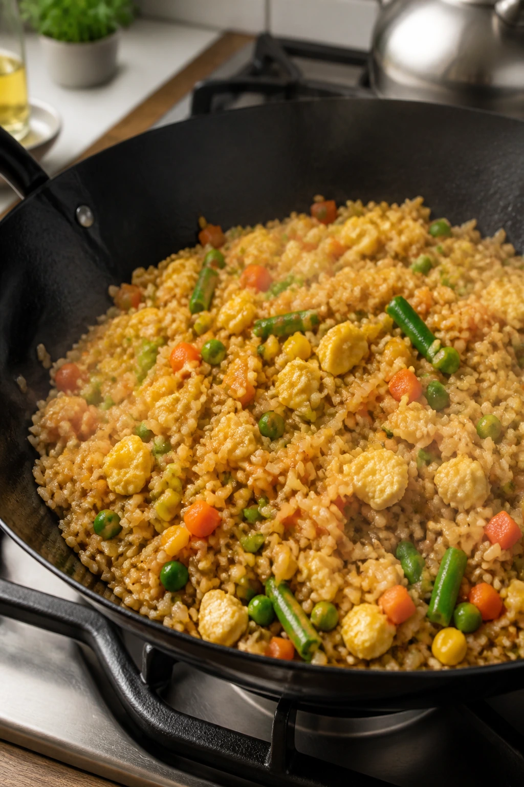 Wok with egg fried rice and frozen vegetables.