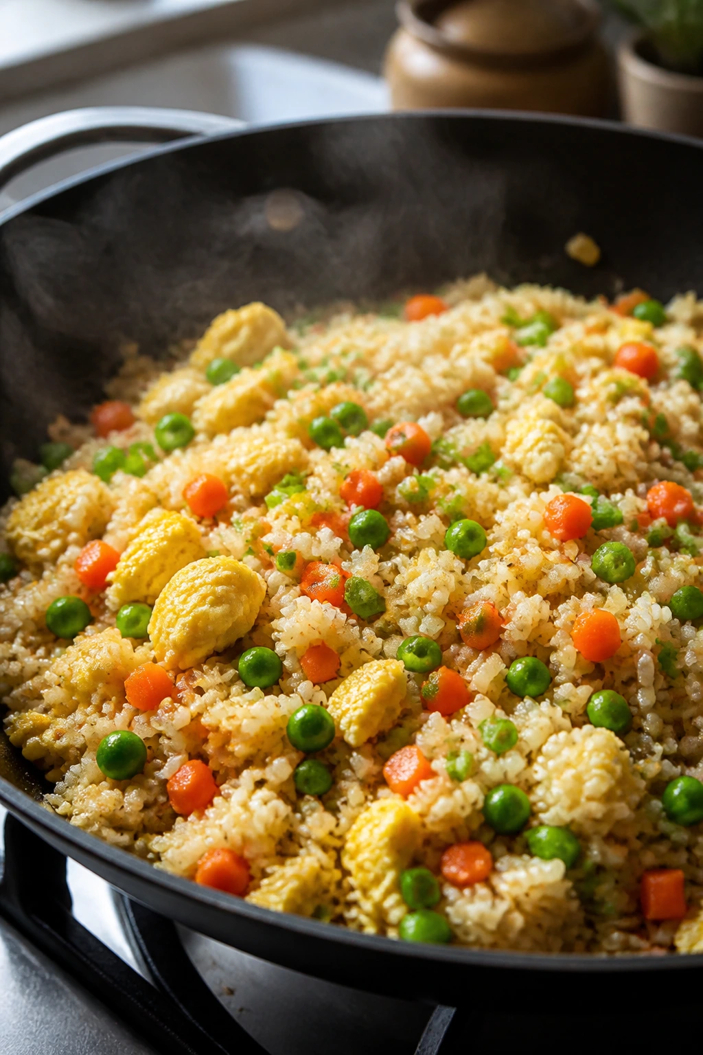 Egg fried rice with veggies in a wok
