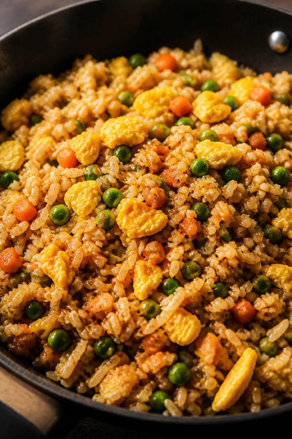 Close-up of egg fried rice with peas and carrots.