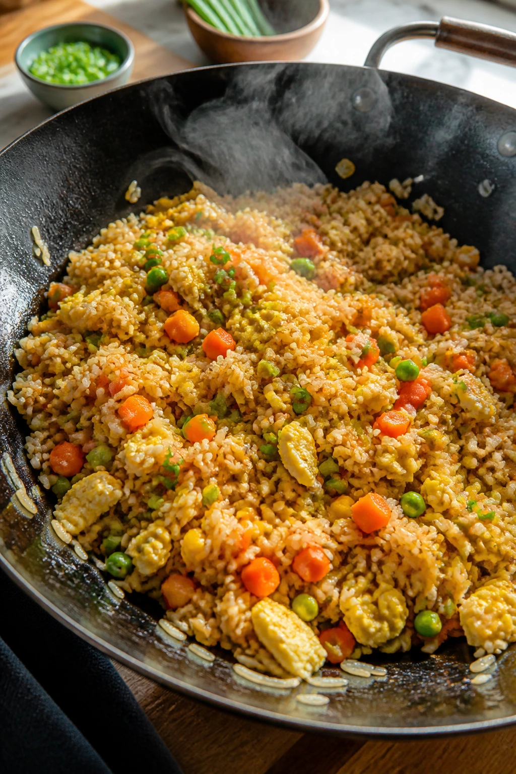 Wok of egg fried rice with mixed vegetables steaming hot