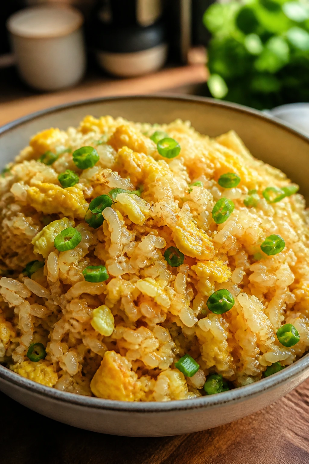 Close-up Egg Fried Rice with eggs and scallions on a bowl.