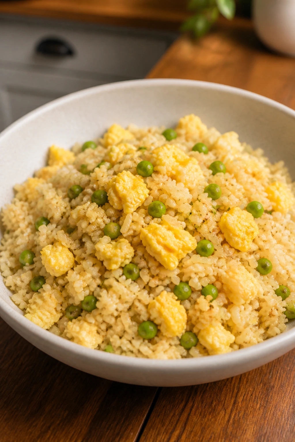 Bowl of egg fried rice with peas in a cozy kitchen