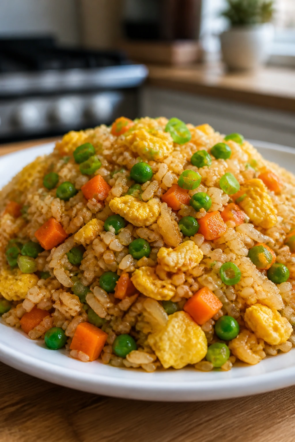 Close-up of egg fried rice with veggies on a plate in a warm kitchen.