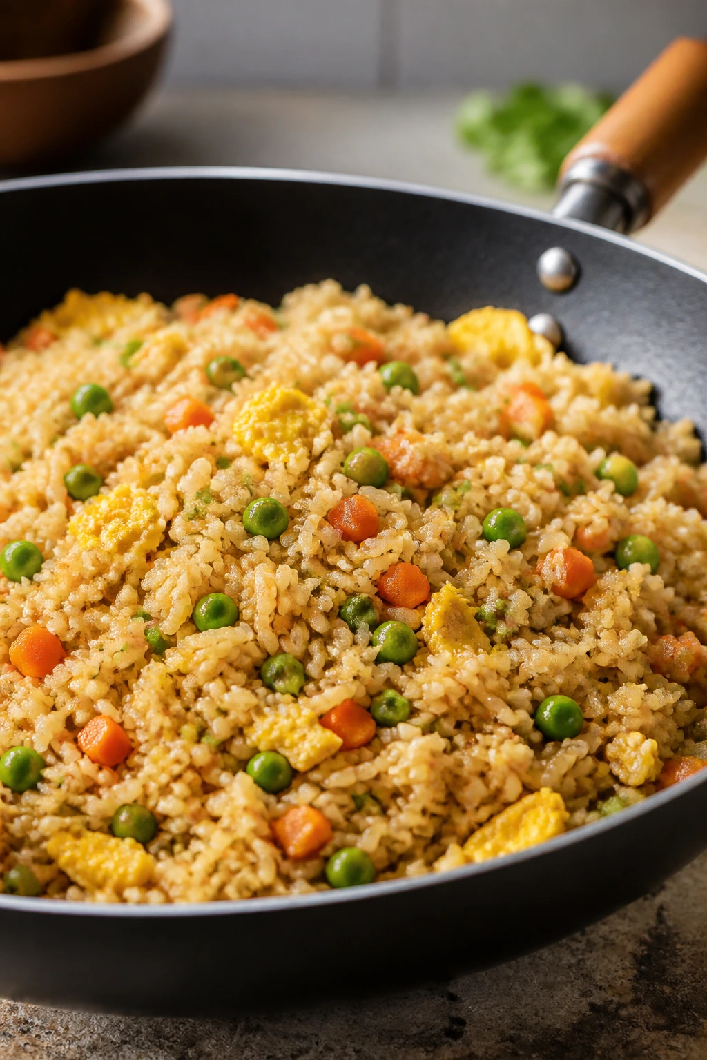 Wok of egg fried rice with peas and scallions in a bright kitchen