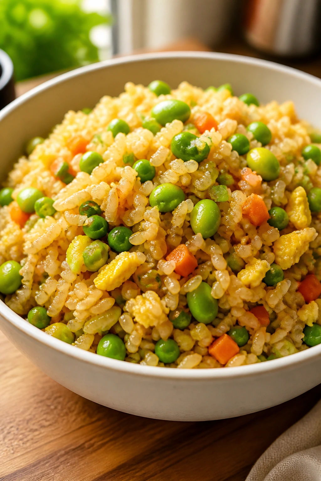 Close-up of egg fried rice with edamame in a bowl on a wooden kitchen counter