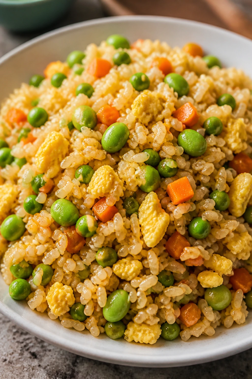 Close-up of egg fried rice with peas carrots and edamame on a plate