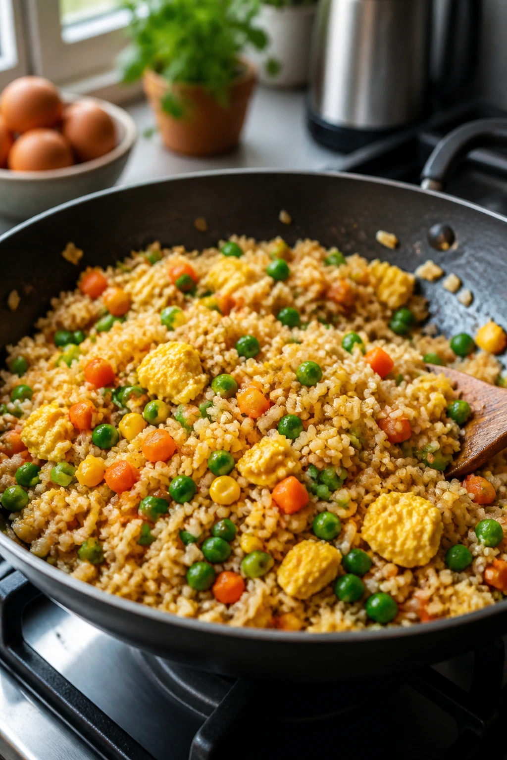 Fried rice with eggs and mixed frozen vegetables in a wok
