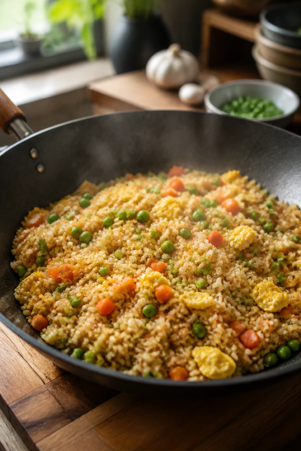 Medium close-up of egg fried rice with peas and carrots in a wok