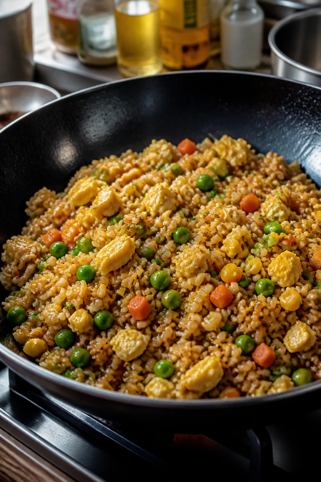 Wok fried rice with eggs and frozen vegetables in pan
