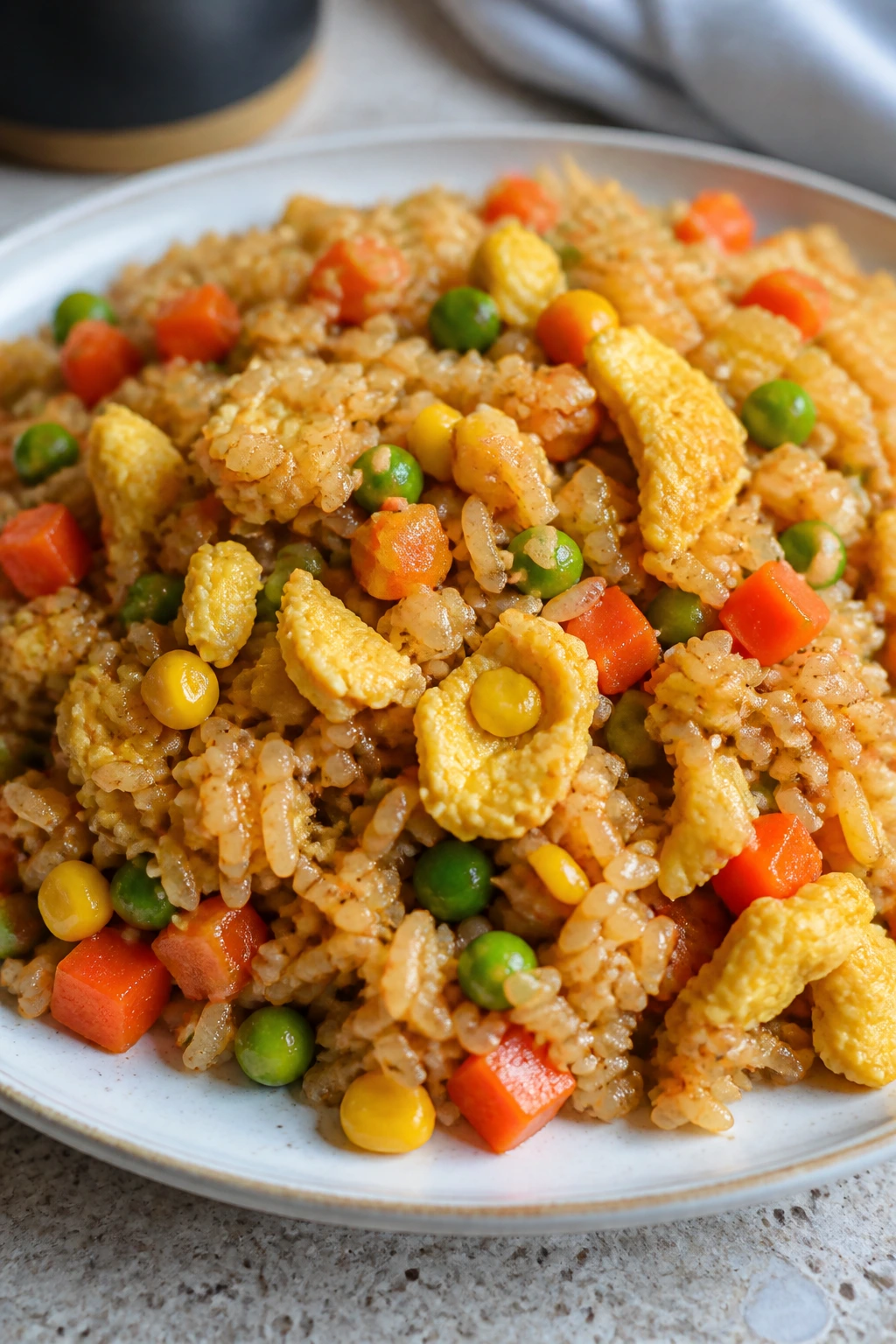 Plate of egg fried rice with frozen vegetables