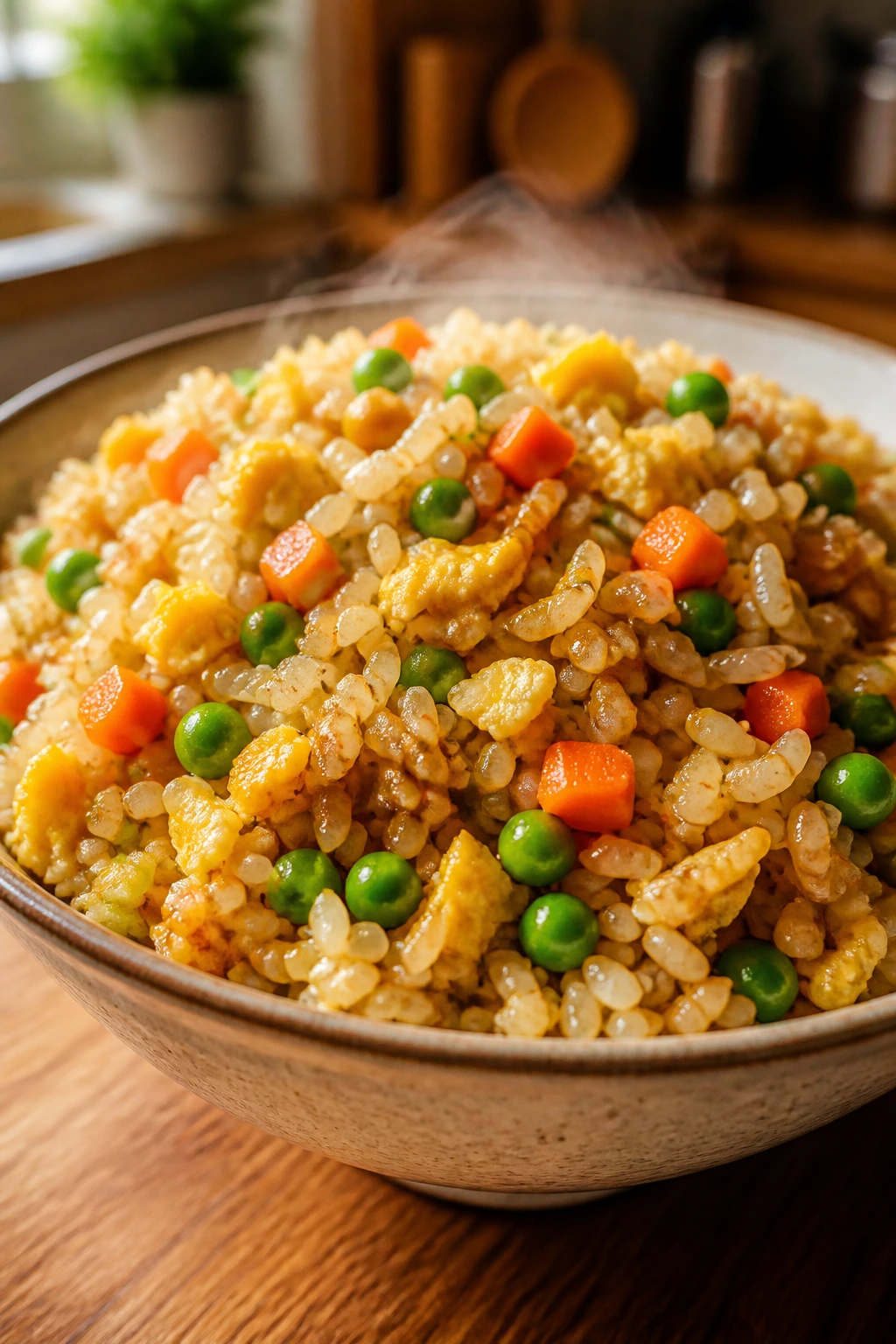 Close-up of egg fried rice with frozen veggies in a bowl on a kitchen counter
