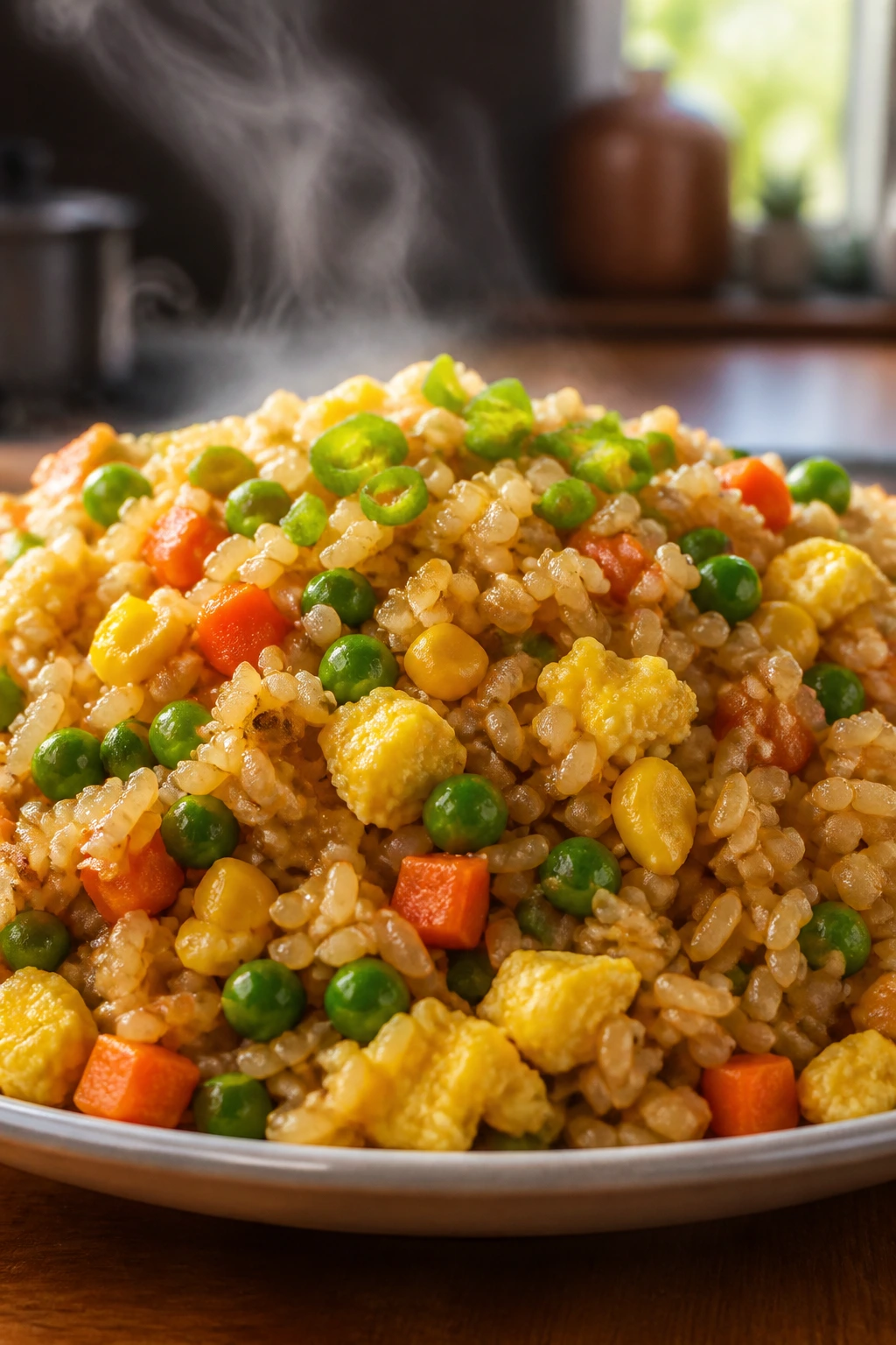 Close-up of Egg Fried Rice with Frozen Veggies on a plate in a warm home kitchen