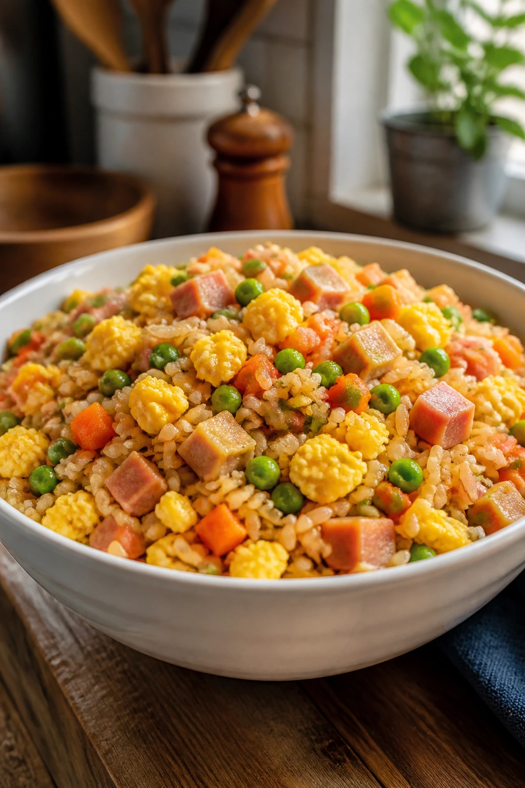 Close-up of egg fried rice with ham and peas in a bowl