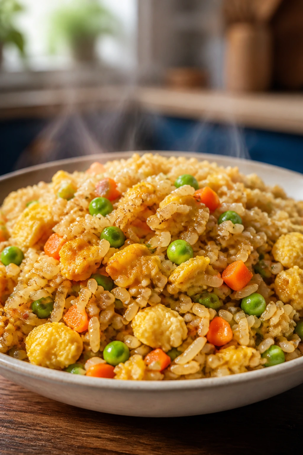Plate of egg fried rice with peas and carrots in warm kitchen light