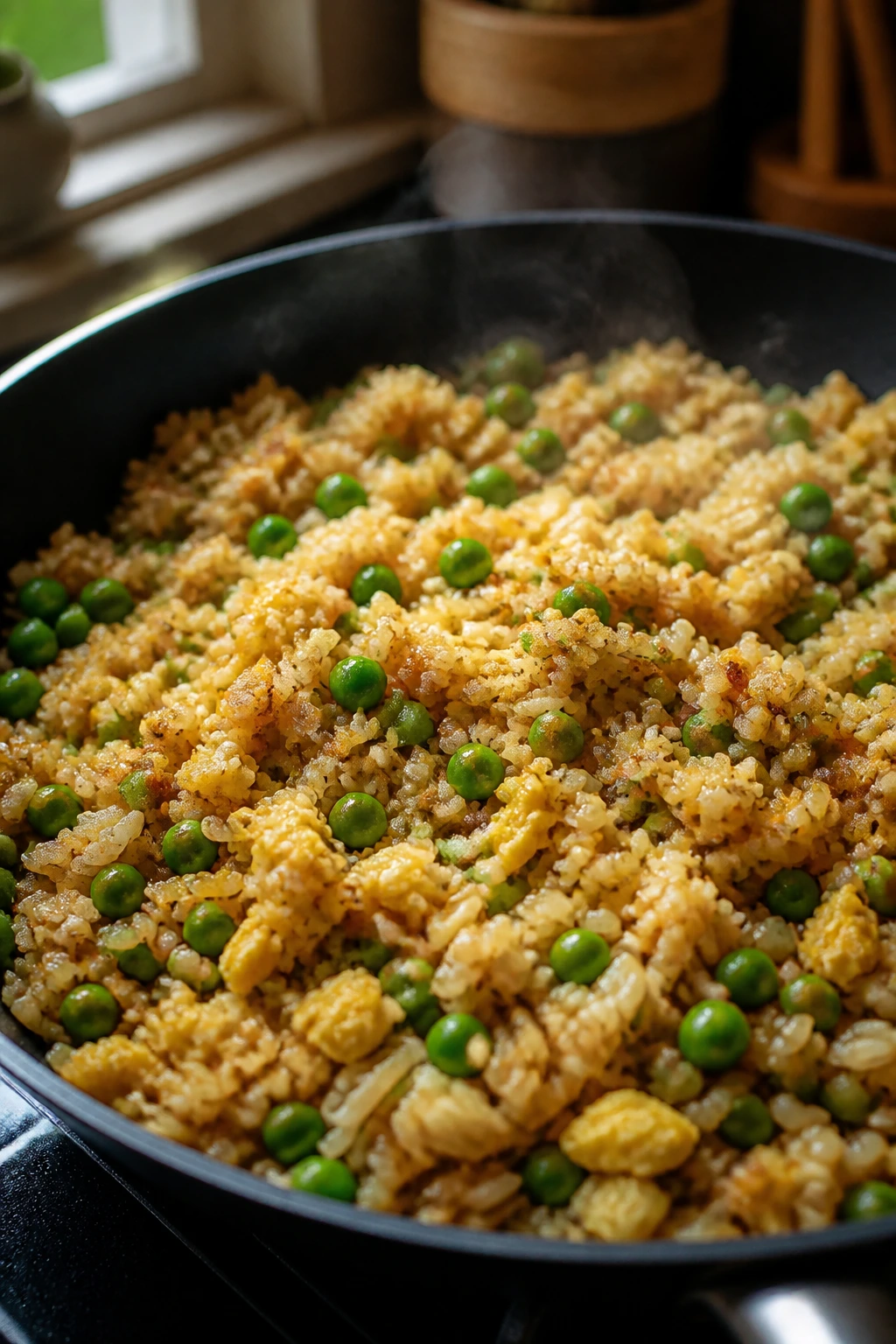 Skillet of Egg Fried Rice with Peas