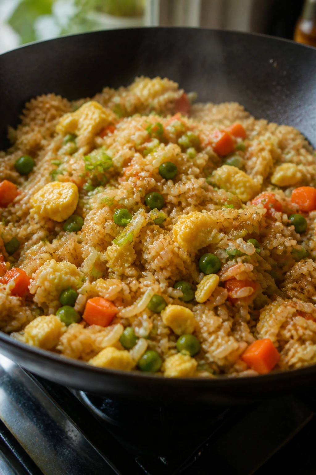 Egg fried rice with peas and carrots in a wok on a kitchen stove