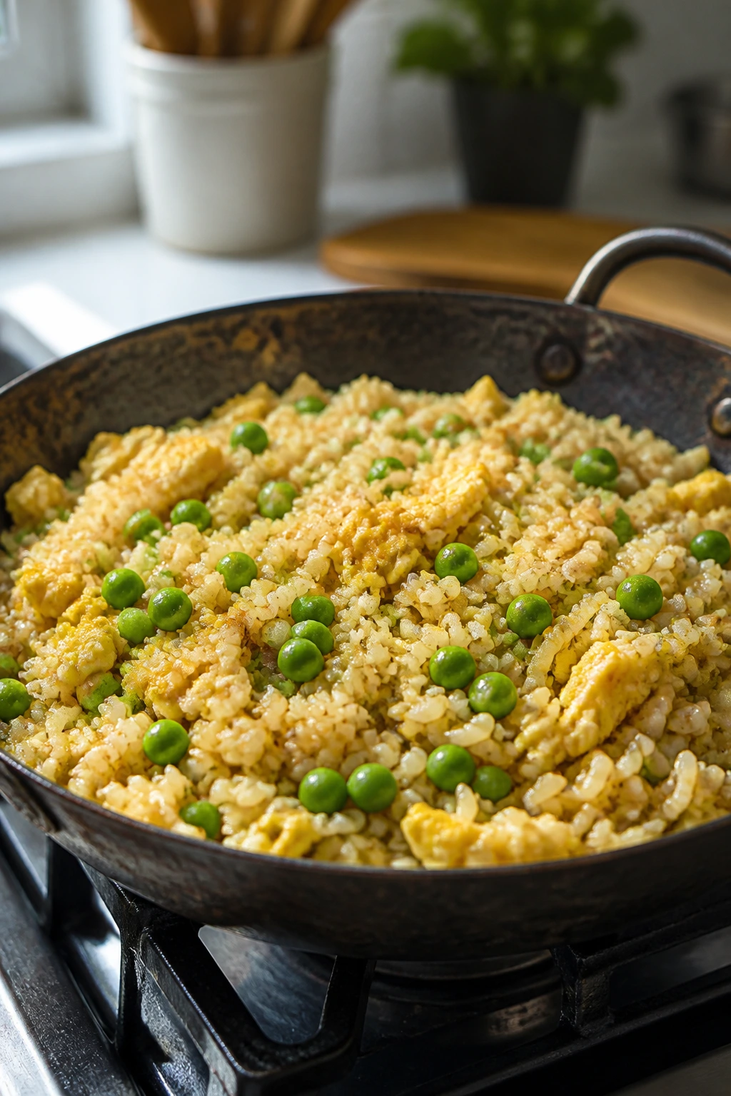 Egg fried rice with peas sizzling in a skillet in a bright kitchen