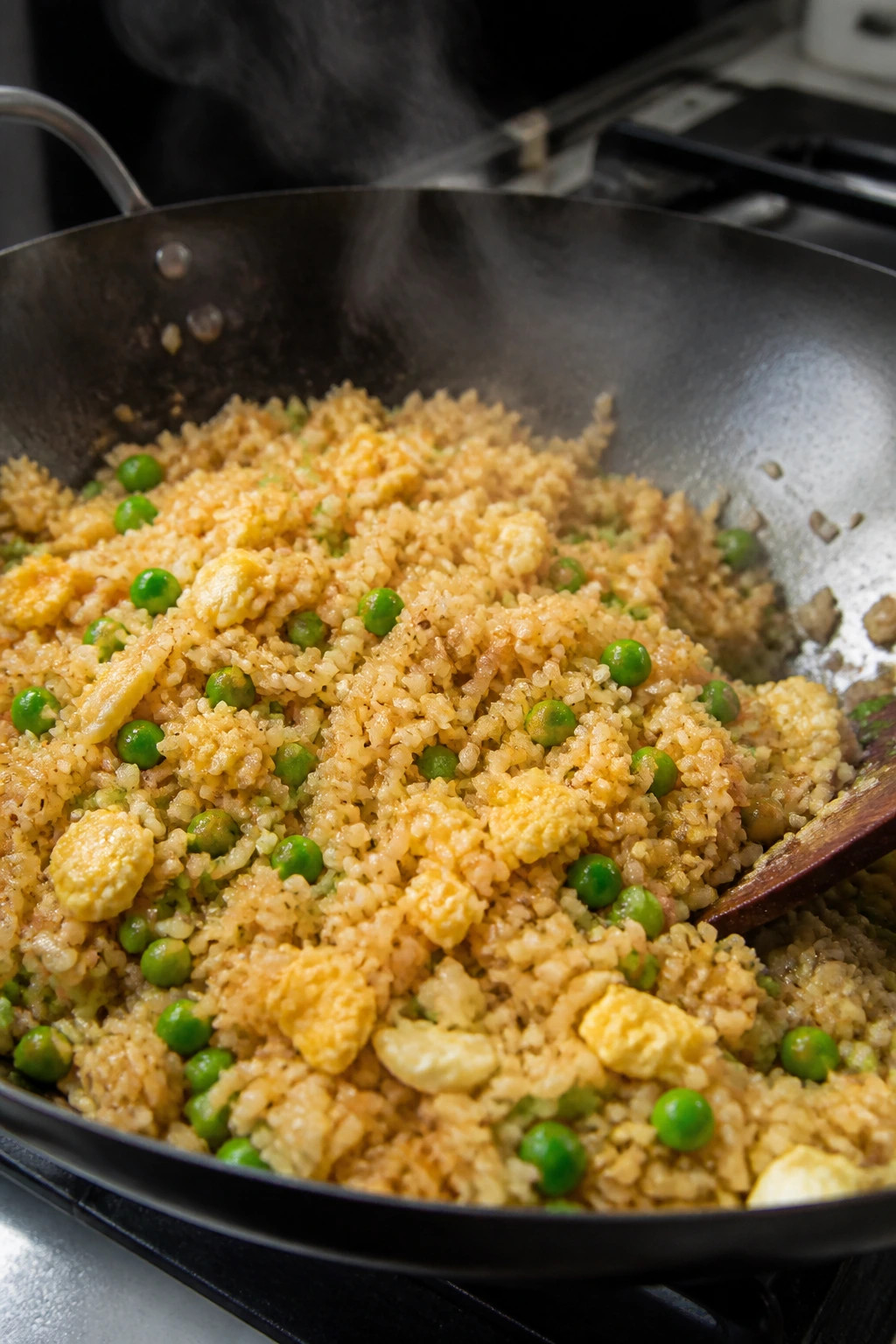 Egg fried rice with peas in a wok on a stove