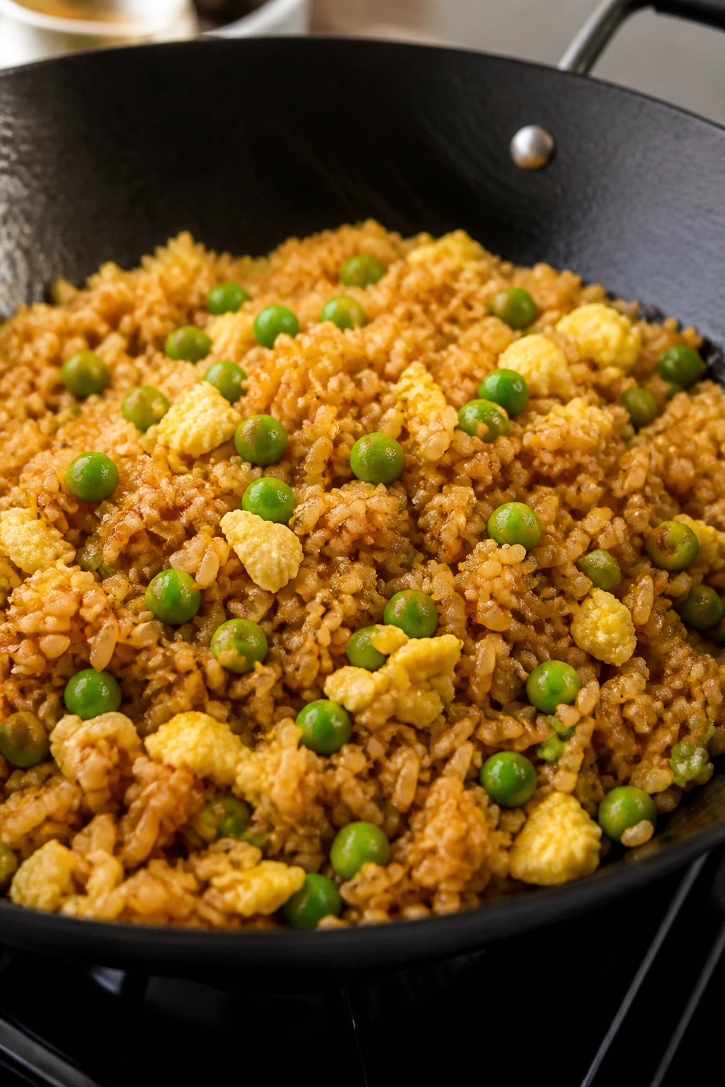 Fried rice with eggs and peas in a wok