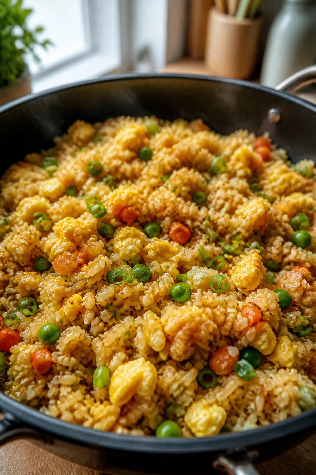 Close-up of egg fried rice with peas in a pan.