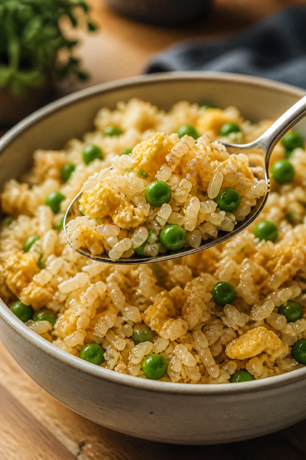 Close-up of egg fried rice with peas in a bowl on a wooden table
