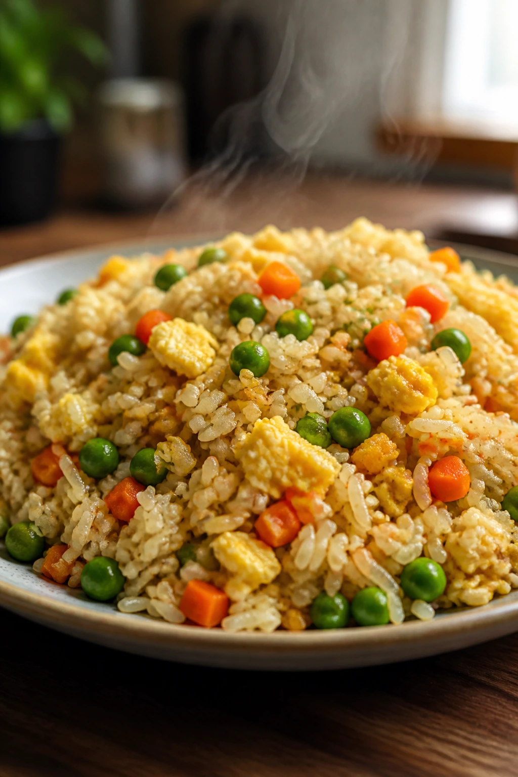 Close-up of egg fried rice with peas and carrots on a plate in a cozy home kitchen