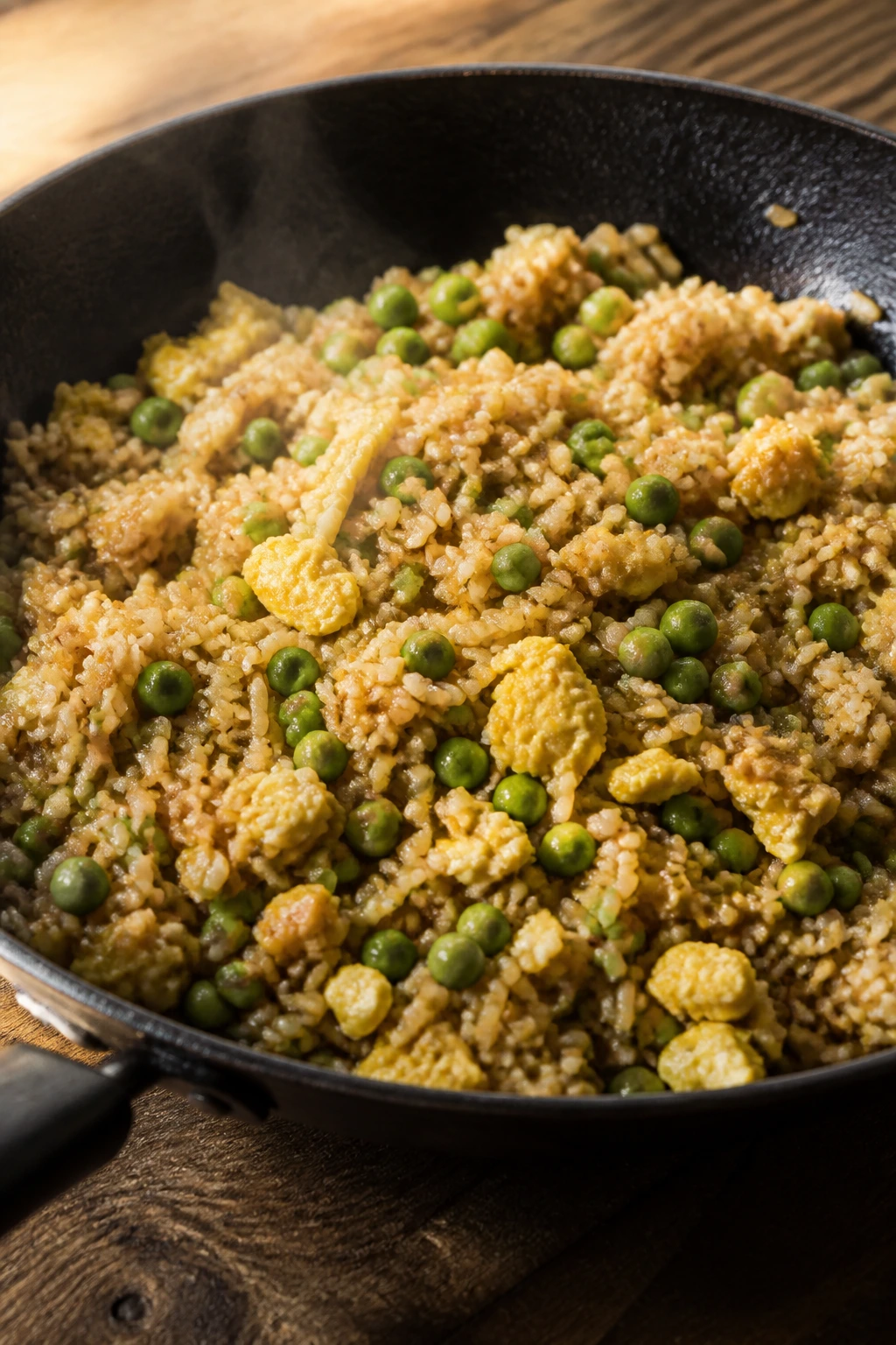 Medium close-up of egg fried rice with peas on a plate, steaming in a home kitchen