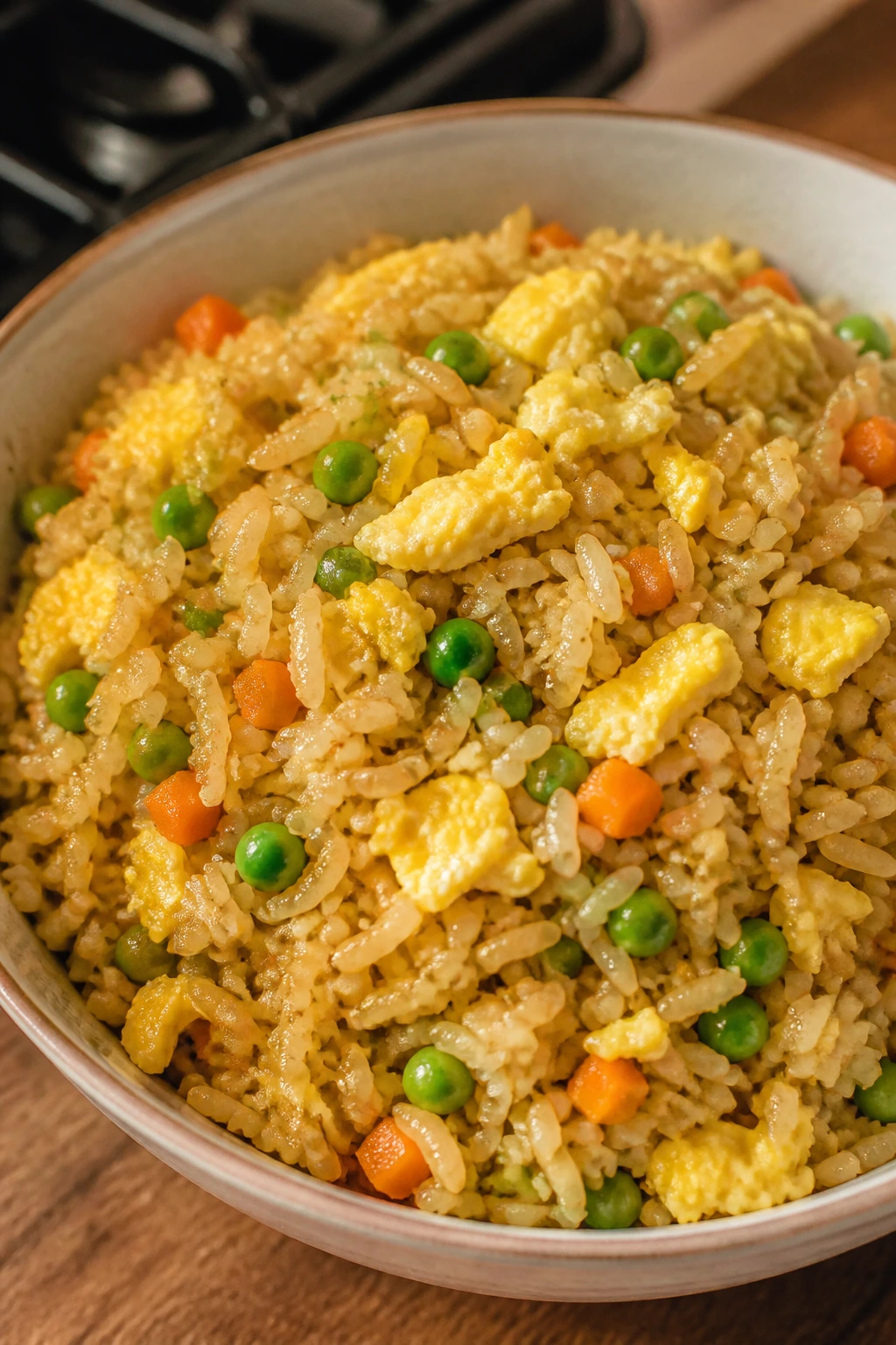 Egg fried rice close-up with egg ribbons and vegetables