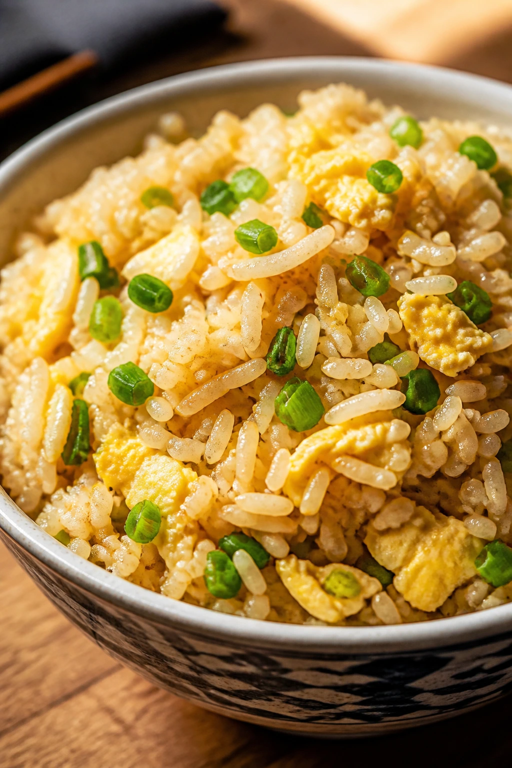 Close-up of egg fried rice with scallions and separate grains