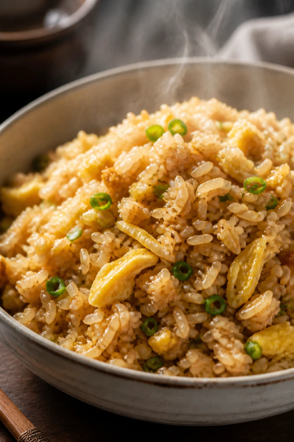 Close-up of egg fried rice in a bowl with glossy grains