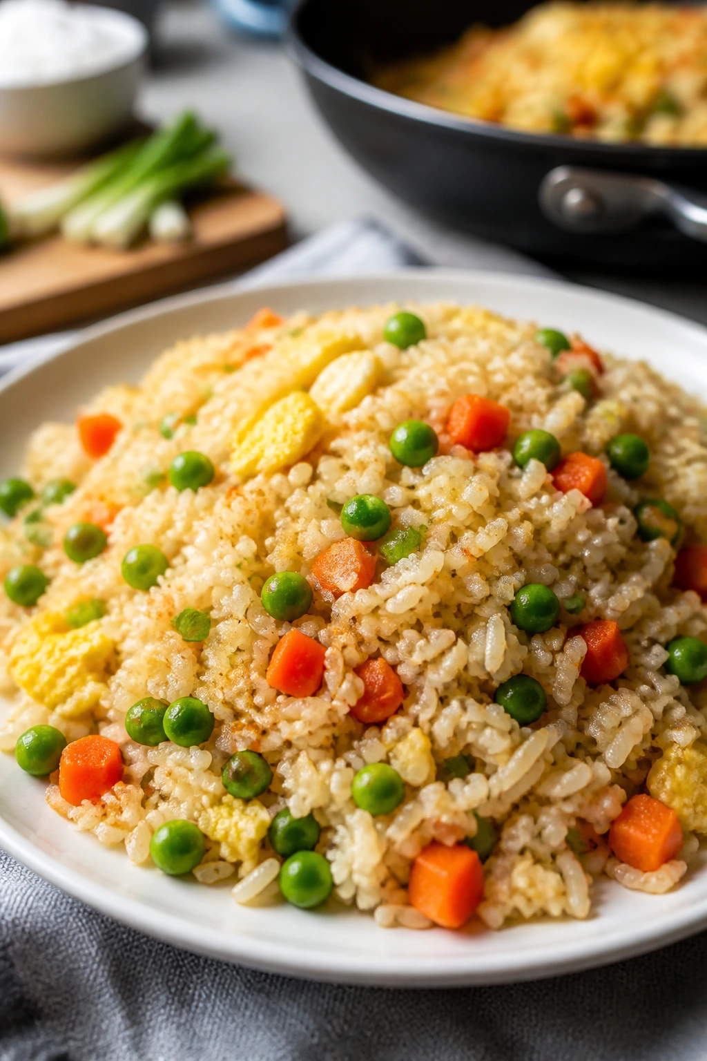 Plate of egg fried rice with mixed vegetables in a bright kitchen