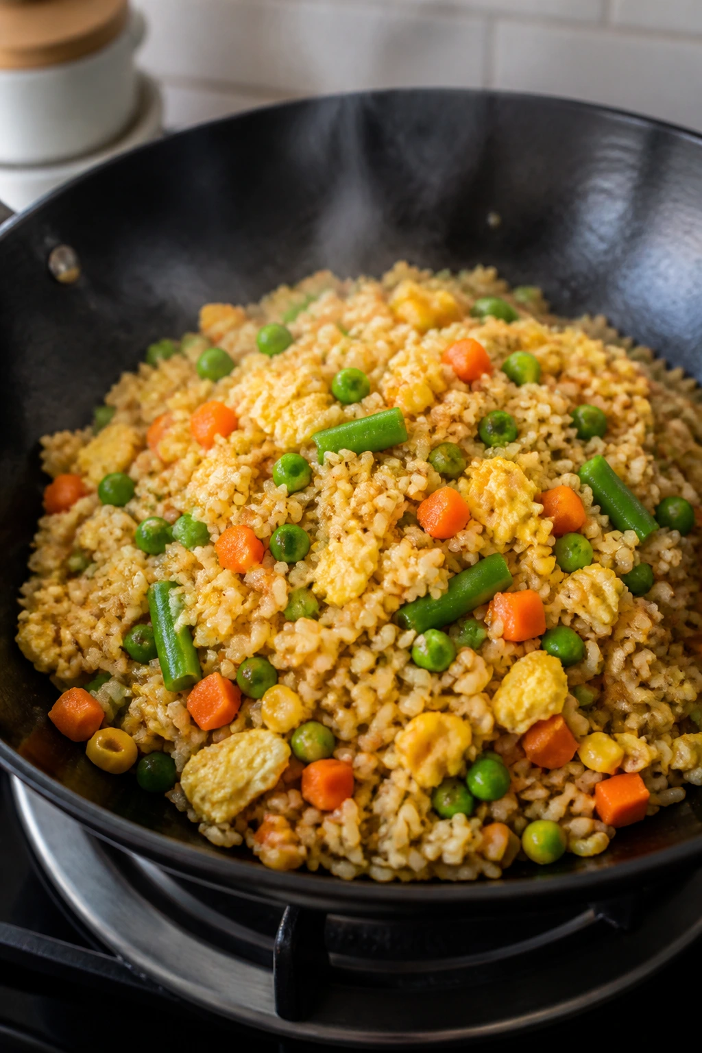 Close-up of egg fried rice with vegetables in a wok